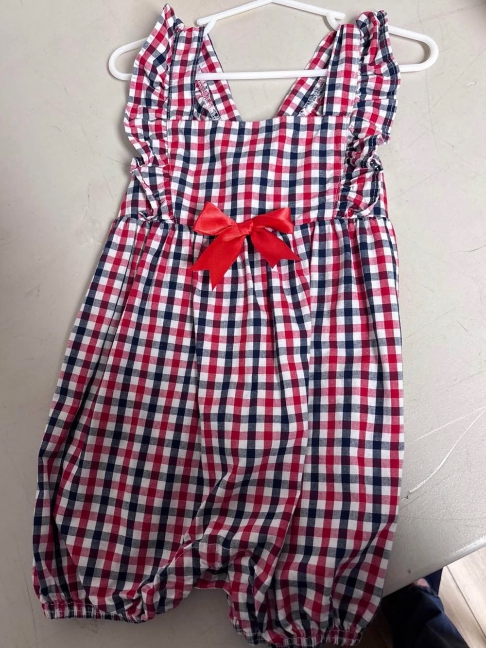 Girls Red, White & Navy Gingham One-Piece Romper with Bow